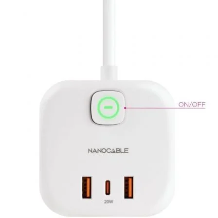 Nanocable Regleta Cubo con 3 Enchufes y 3 USB (2 USB-A + 1 USB-C), GaN, Blanco